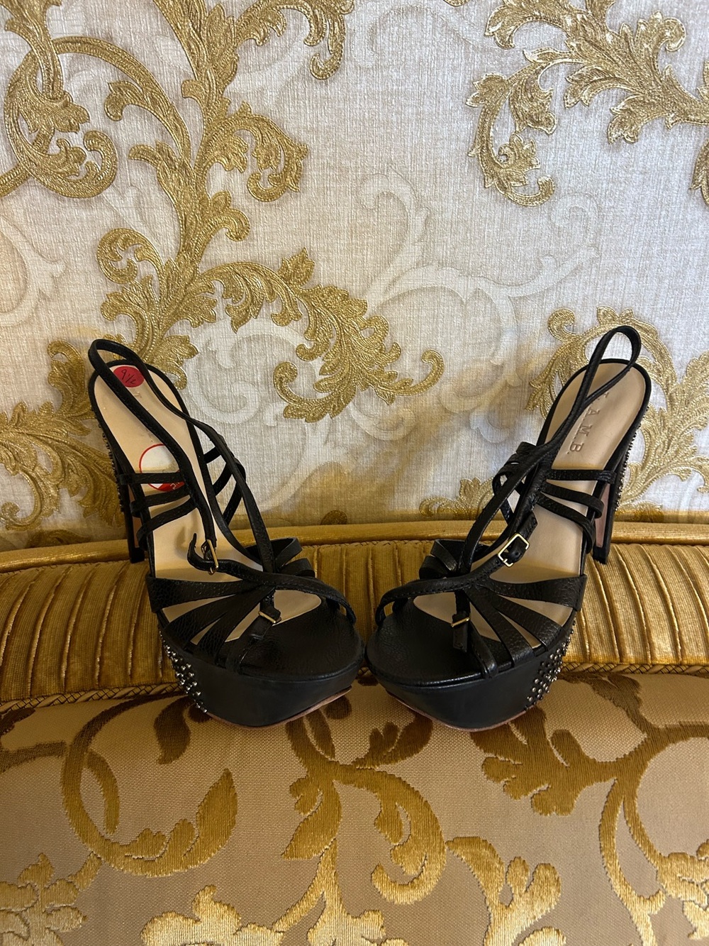 L.A.M.B. Black Strappy Studded Platform Heels